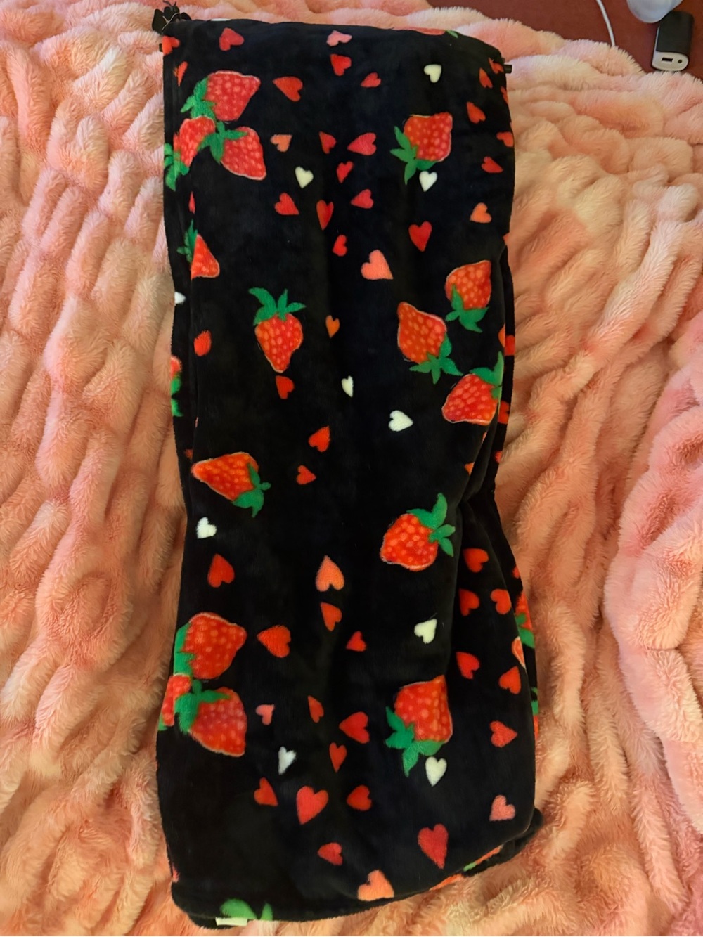 Betsey Johnson Black Plush Strawberry & Hearts Throw